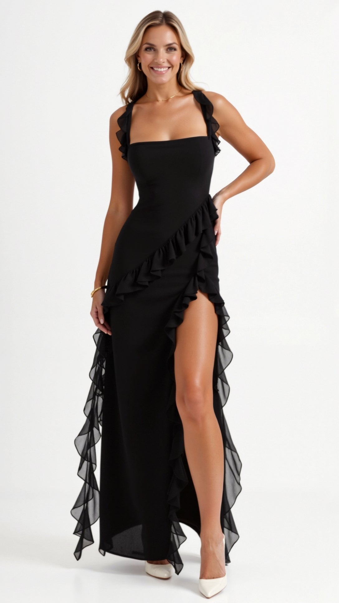Elegant women's evening dress featuring ruffled details, perfect for formal occasions, showcasing a flowing maxi silhouette in a sophisticated design. 1