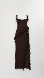 Elegant women's evening dress featuring ruffled details, perfect for formal occasions, showcasing a flowing maxi silhouette in a sophisticated design. 4