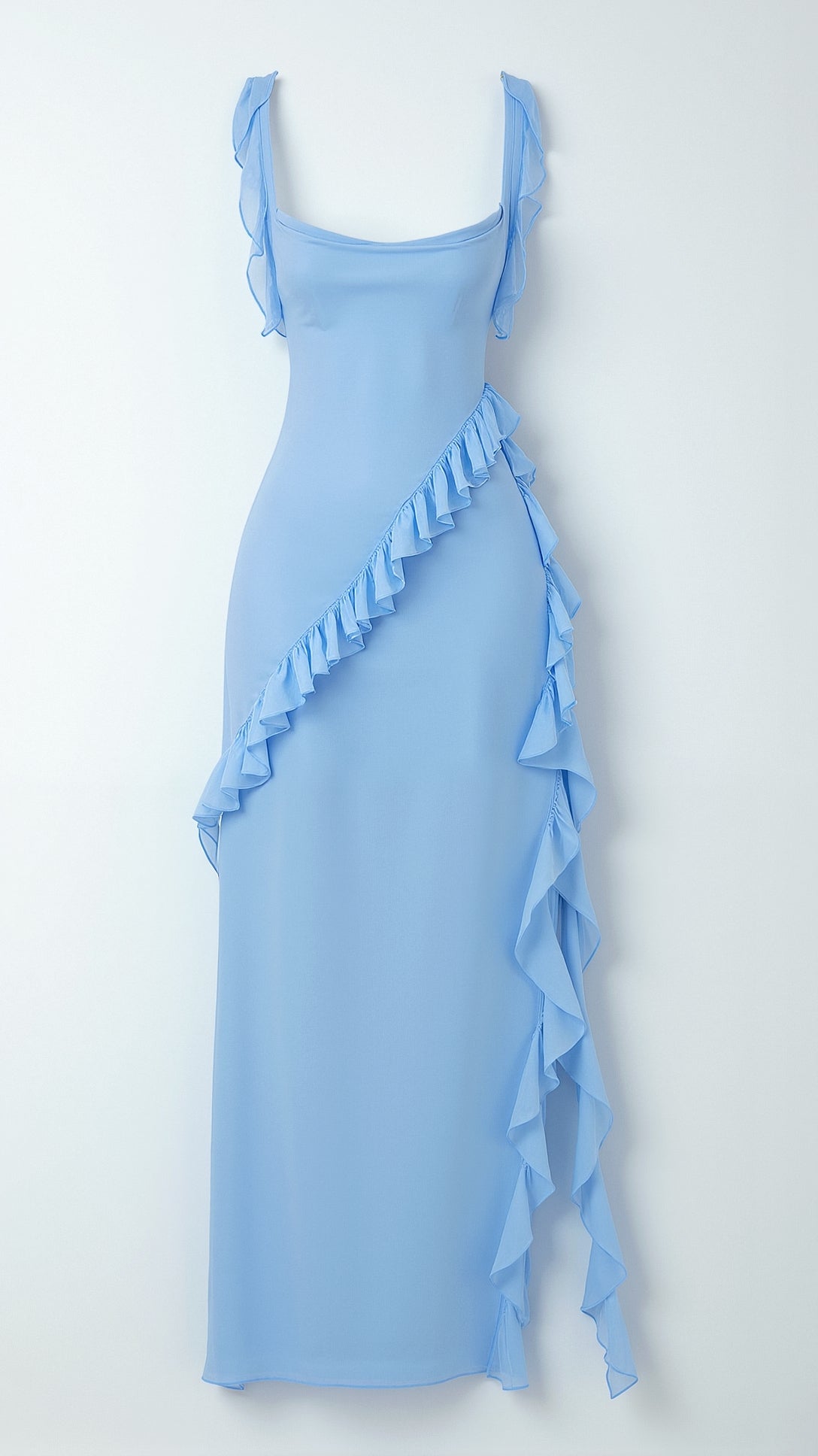 Elegant women's evening dress featuring ruffled details, perfect for formal occasions, showcasing a flowing maxi silhouette in a sophisticated design. 7
