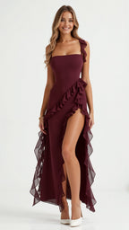 Elegant women's evening dress featuring ruffled details, perfect for formal occasions, showcasing a flowing maxi silhouette in a sophisticated design. 9