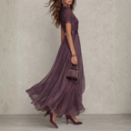 Elegant women's maxi dress featuring delicate lace trim, perfect for formal occasions and special events. 2
