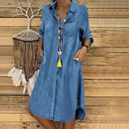 Women's relaxed fit denim shirt dress in a casual style, perfect for everyday wear, featuring a flattering silhouette and versatile design. 3