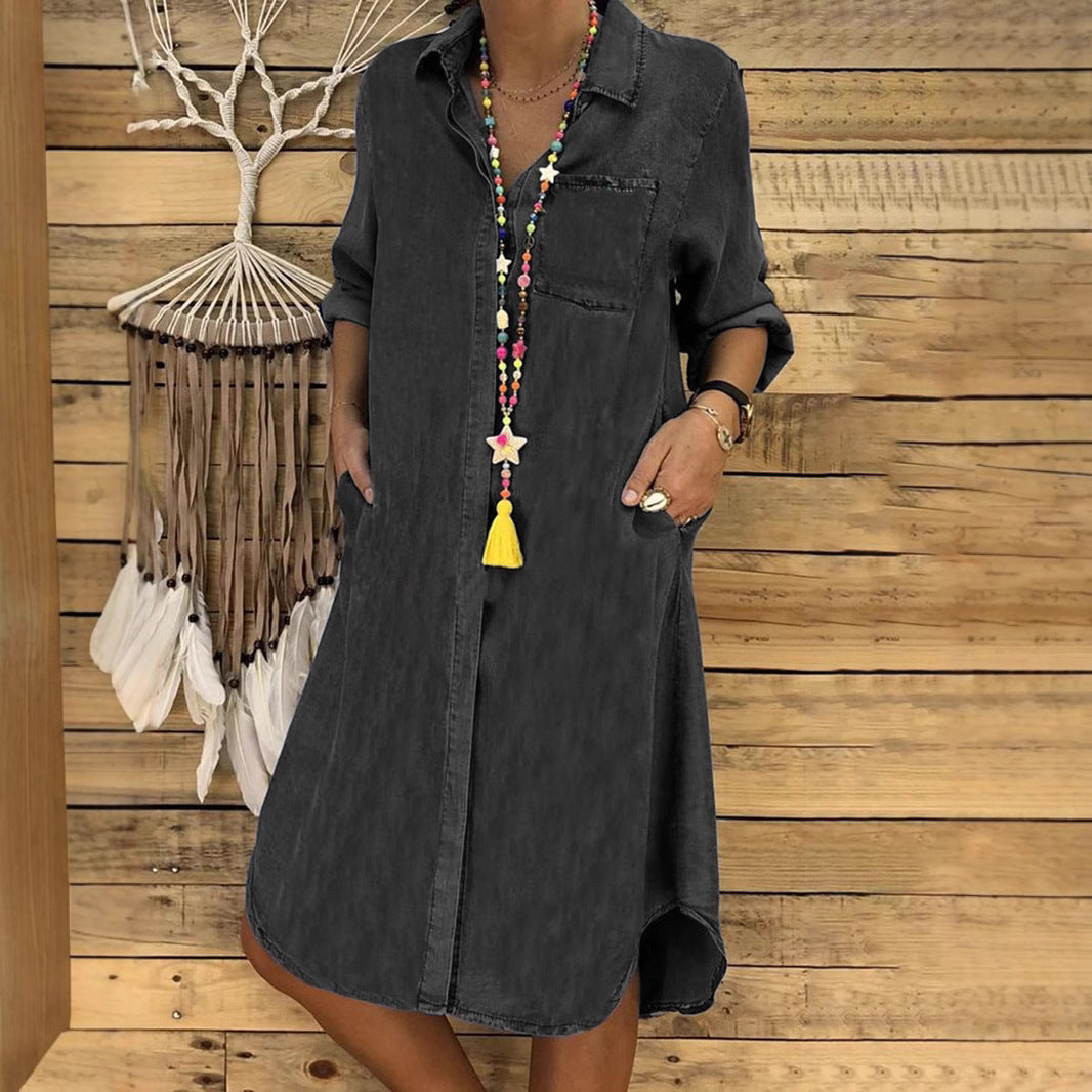 Women's relaxed fit denim shirt dress in a casual style, perfect for everyday wear, featuring a flattering silhouette and versatile design. 4