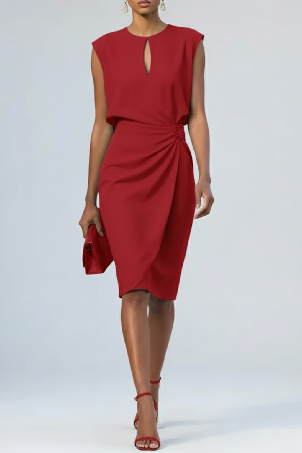 Cocktail Midi Dress Keyhole Neck Ruched Waist