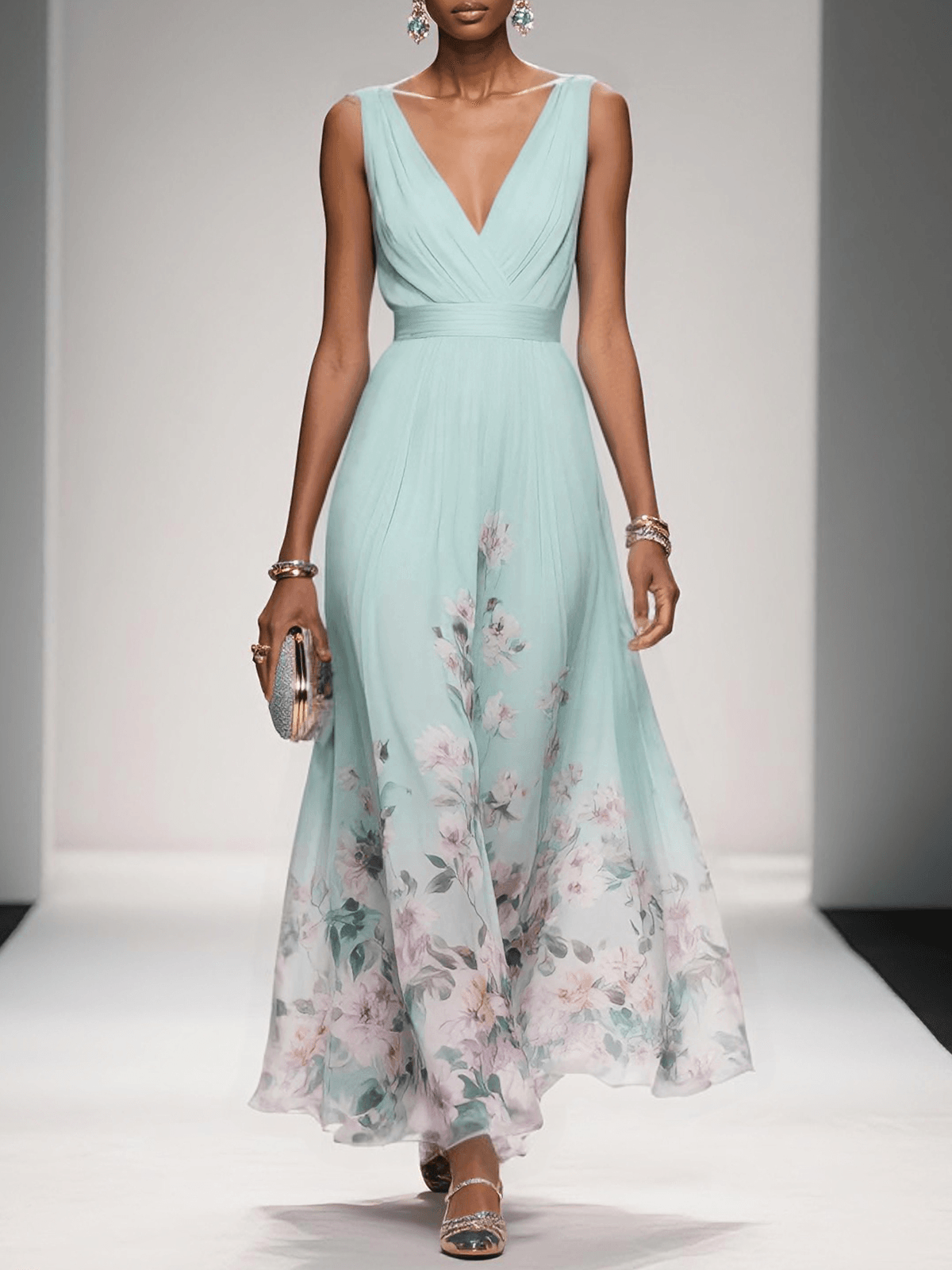Floral Print Midi Dress Women Summer Wedding