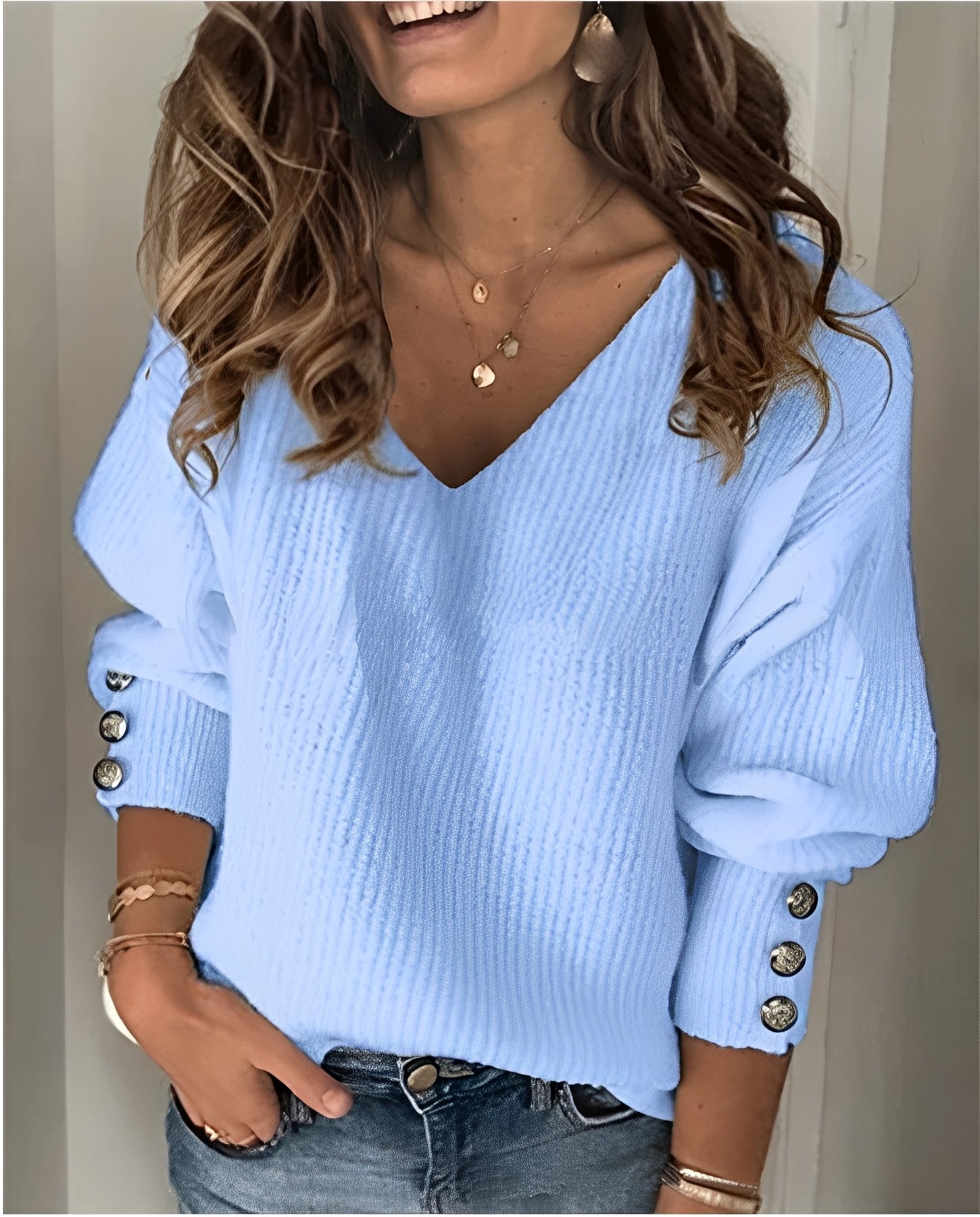Ribbed Knit V-Neck Pullover