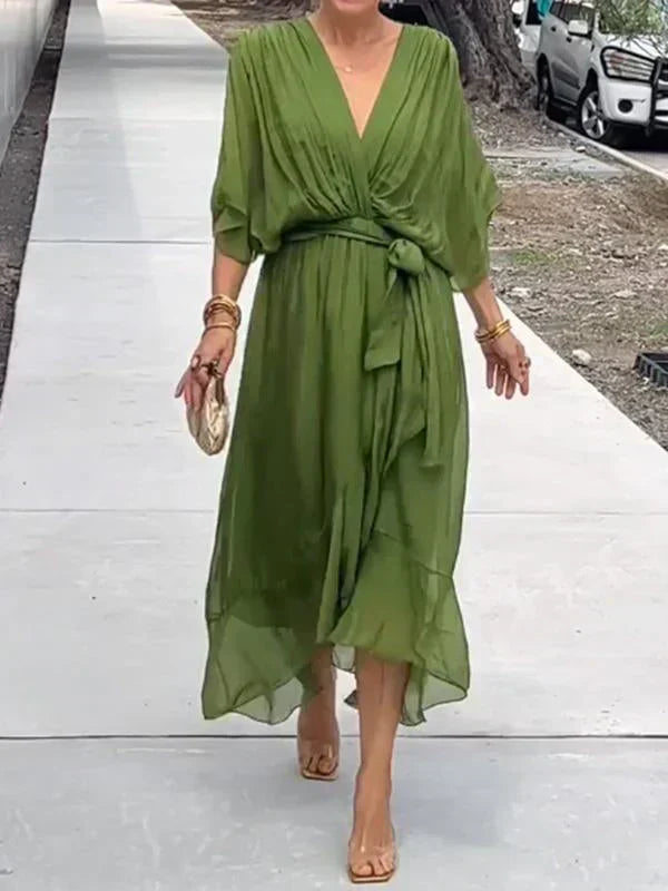 Women's Silk V-Neck Flowing Dress