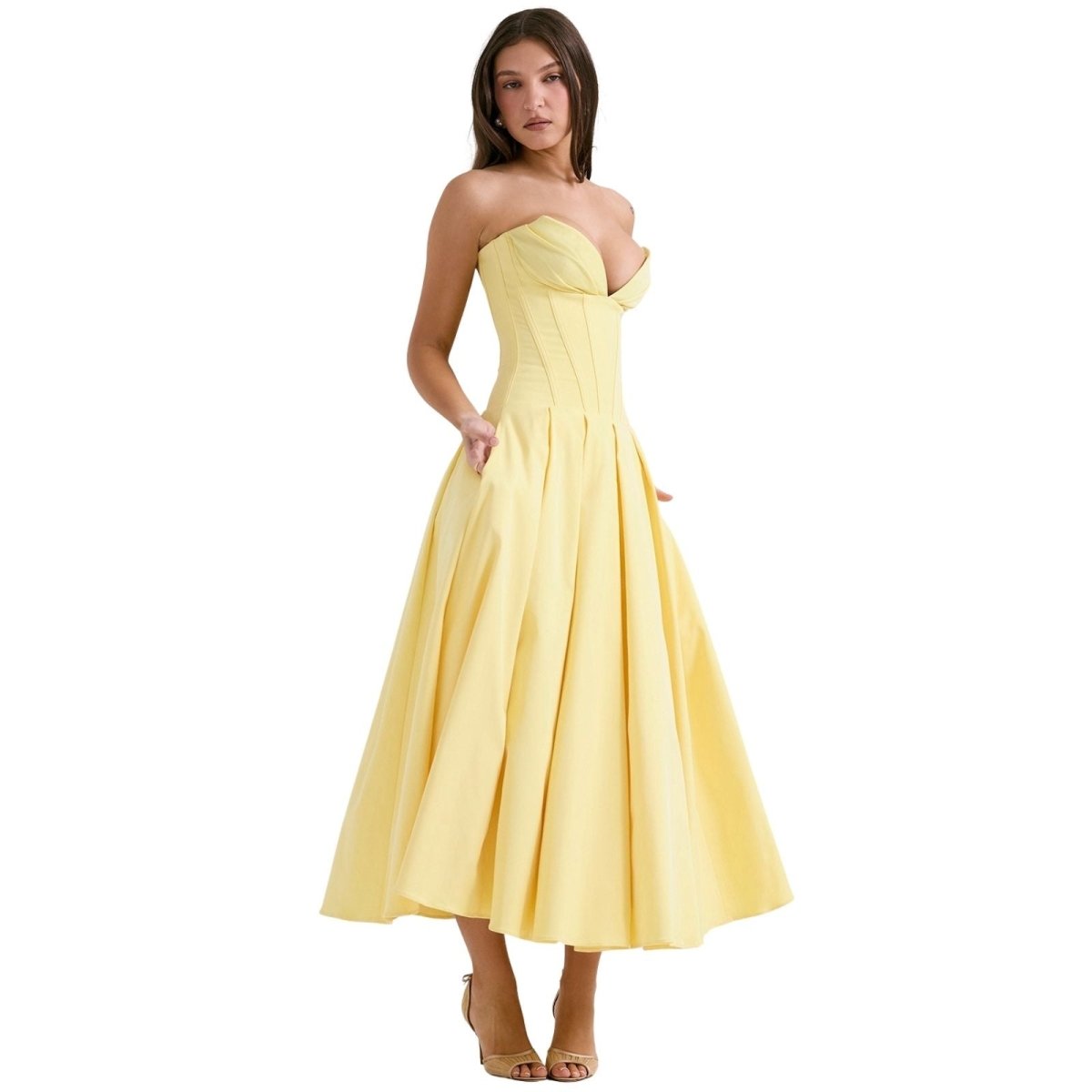 Strapless Boned Corset Midi Dress Voluminous Skirt
