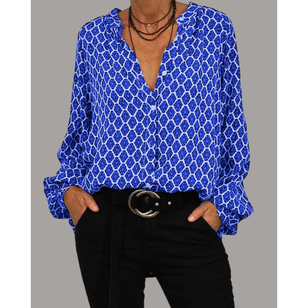 Women's V-Neck Printed Blouse Long Sleeve