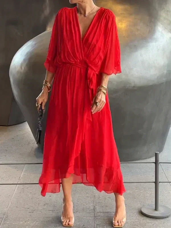 Women's Silk V-Neck Flowing Dress